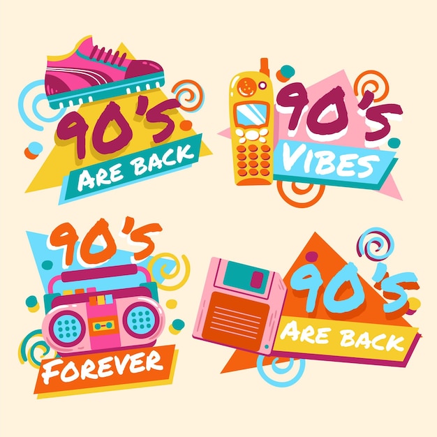 Insignias nostálgicas de los 90 dibujadas a mano.