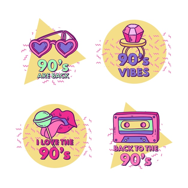 Vector gratuito insignias nostálgicas de los 90 dibujadas a mano.