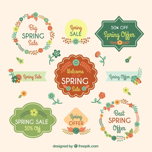 Insignias de ofertas primaverales bonitas florales