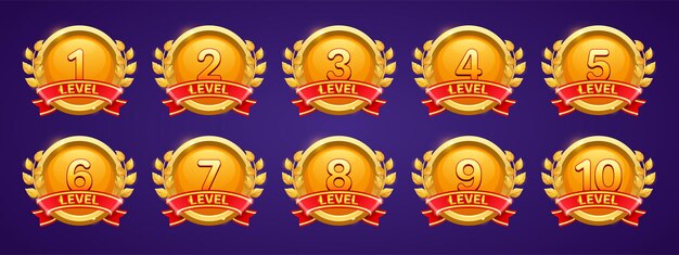 Insignias de oro con número de nivel para el diseño de la interfaz de usuario del juego.