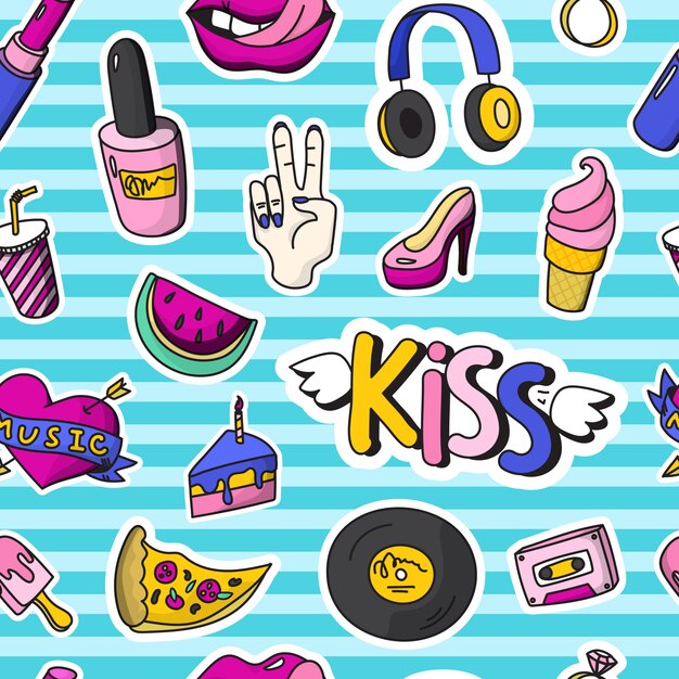 Insignias de parches de moda de colores sin patrón en estilo pin up con diferentes formas y herramientas