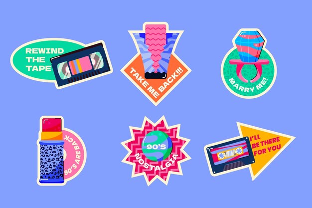 Insignias planas nostálgicas de los 90 dibujadas a mano.