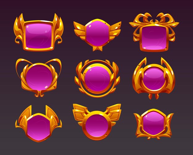 Insignias de premio con marcos dorados de fantasía.