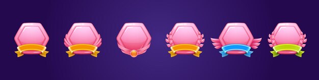 Insignias de premio rosa para ganar en el juego Iconos de hexágono brillante de dibujos animados de vector con plumas de gema de cintas doradas y hojas Botones de plástico brillante de trofeo o premio para el mejor lugar aislado en el fondo