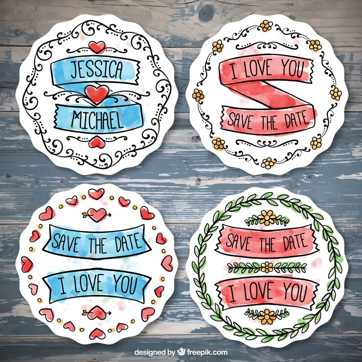 Vector gratuito insignias románticas con cintas y corazones