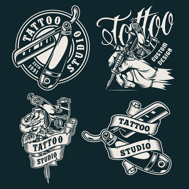 Insignias de salón de tatuaje monocromo vintage