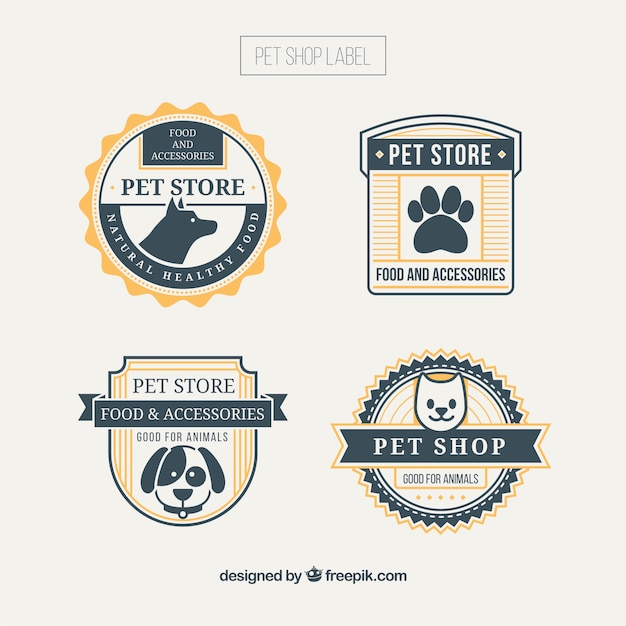 Insignias de tienda de animales con detalles amarillos