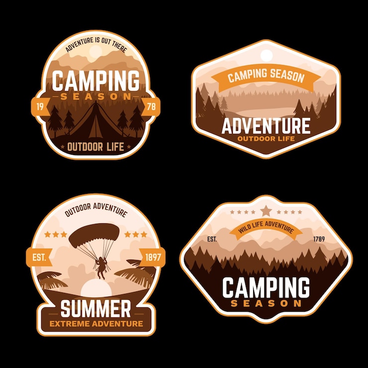 Vector gratuito insignias vintage de camping y aventuras.