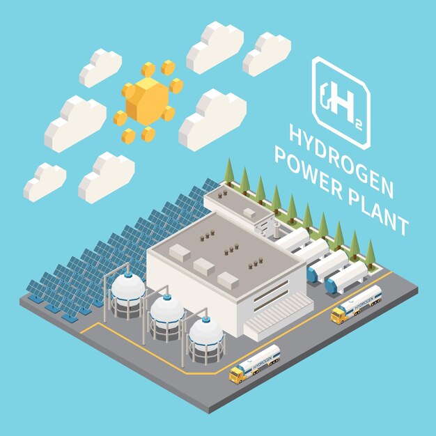 Instalación de la planta de generación de energía de hidrógeno verde cilindros de electrólisis exterior construcción de tuberías paneles solares vista isométrica ilustración vectorial