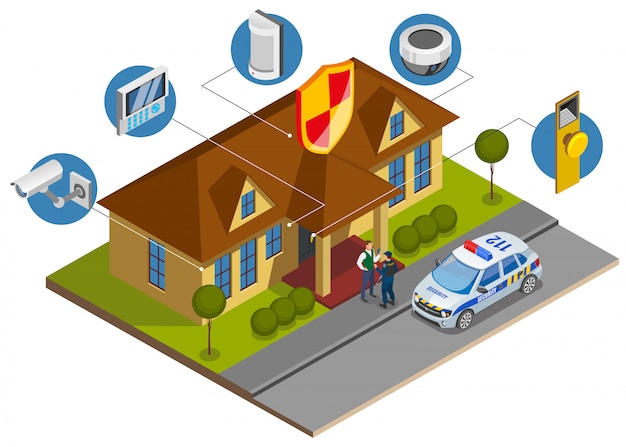 Instalación del sistema de seguridad composición isométrica con símbolos de dispositivos de protección del edificio y llegada del oficial de servicio de vigilancia