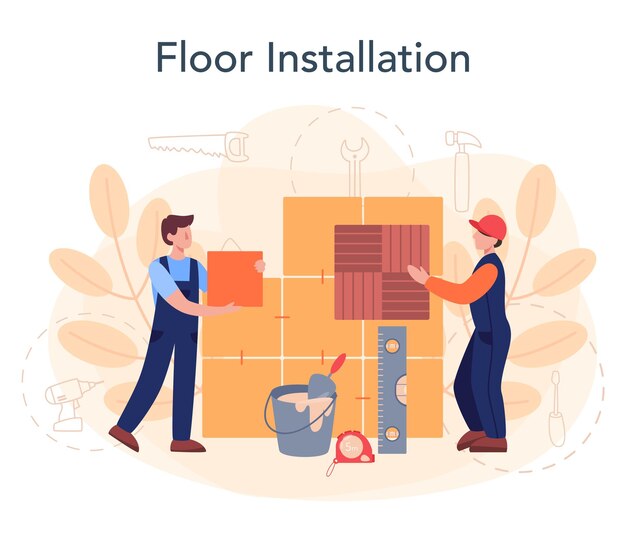 Instalador de pisos Parquet profesional que pone pisos de madera o baldosas Concepto de reparación y renovación del hogar Ilustración de vector plano aislado