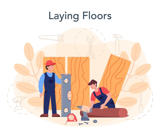Instalador de pisos Parquet profesional que pone pisos de madera o baldosas Concepto de reparación y renovación del hogar Ilustración de vector plano aislado