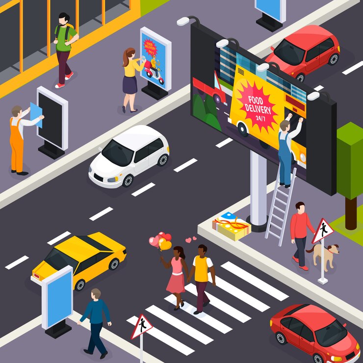 Vector gratuito instaladores de agencias de publicidad que colocan pancartas dentro de las concurridas calles de la ciudad encrucijadas ilustración isométrica diurna