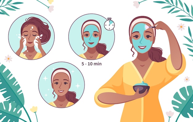 Vector gratuito instrucciones pictóricas de productos para el cuidado de la piel con una mujer joven que aplica quitando la mascarilla facial