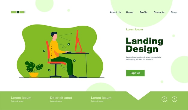 Instrucciones para la pose correcta durante la página de inicio del trabajo de oficina en estilo plano