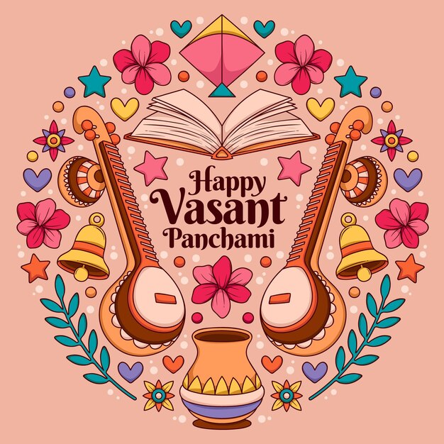 Vector gratuito instrumento musical dibujado a mano happy vasant panchami