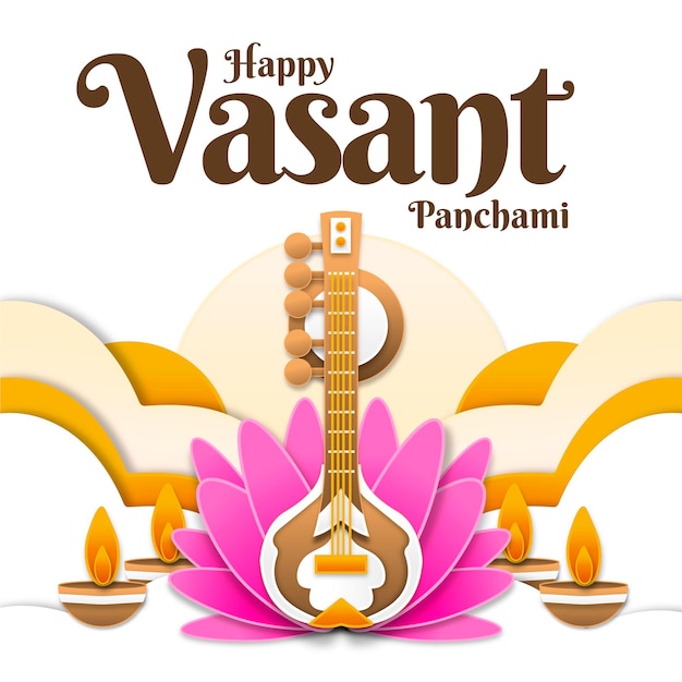 Instrumento musical Vasant panchami y flor de lotul