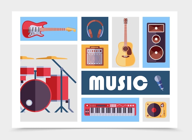 Vector gratuito instrumentos musicales planos con guitarras eléctricas y acústicas, auriculares, subwoofer, audio, altavoz, micrófono, reproductor de vinilo, kit de batería, sintetizador, aislado, ilustración