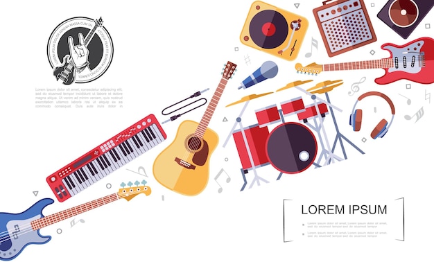 Vector gratuito instrumentos musicales de rock plano concepto colorido