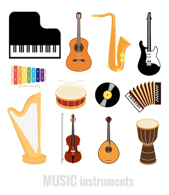 Instrumentos musicales vectoriales iconos planos aislados sobre fondo blanco