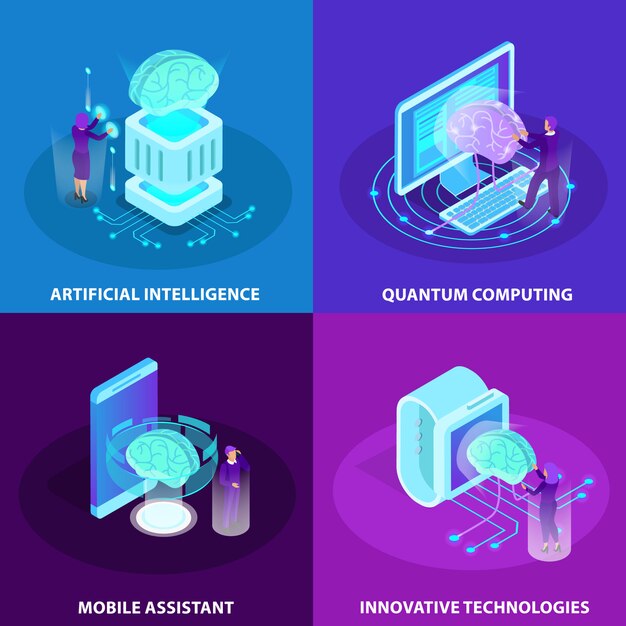 Inteligencia artificial 2x2 concepto de diseño conjunto de tecnologías innovadoras computación cuántica asistente móvil iconos de brillo isométrico