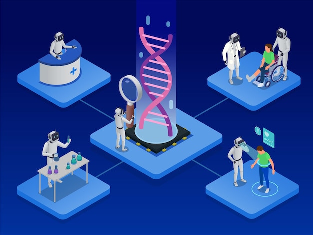 Inteligencia artificial en la composición isométrica de la medicina con médicos e investigadores de ai que examinan a los pacientes y trabajan en la ilustración de vectores de laboratorio