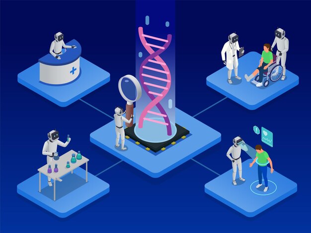 Inteligencia artificial en la composición isométrica de la medicina con médicos e investigadores de ai que examinan a los pacientes y trabajan en la ilustración de vectores de laboratorio