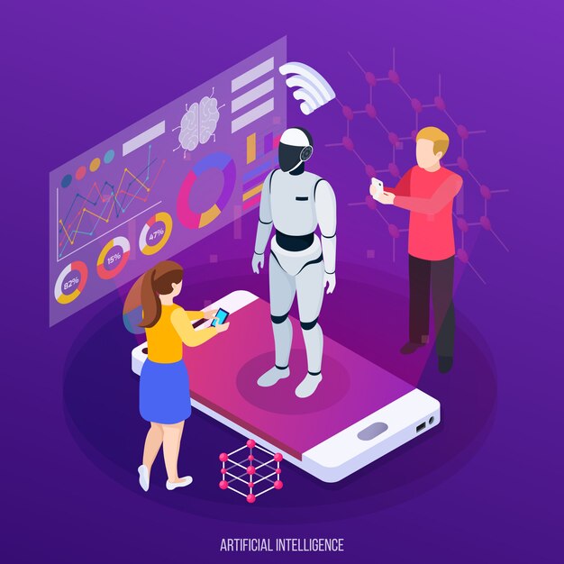 Inteligencia artificial composición isométrica personajes humanos y robot en la pantalla del dispositivo móvil en púrpura