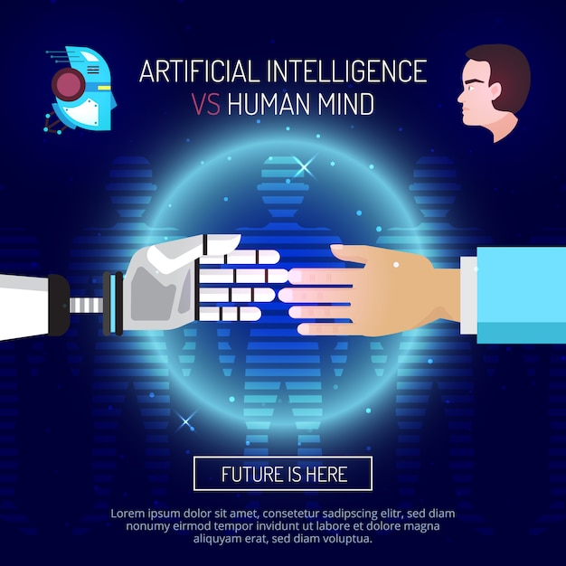 Vector gratuito inteligencia artificial composición de la mente con robot y manos humanas estiradas entre sí.