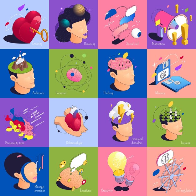 Inteligencia emocional pensando conceptos mentales conjunto isométrico de composiciones cuadradas con imágenes de cerebro y cabeza ilustración vectorial