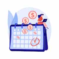 Vector gratuito intereses de depósito, inversión rentable, renta fija. pagos regulares, cobros de efectivo recurrentes. destinatario de dinero con personaje de dibujos animados de calendario