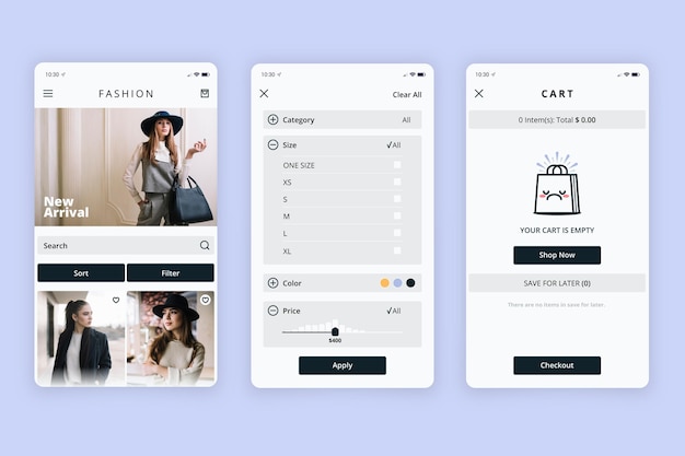 Interfaz de la aplicación de compras de moda