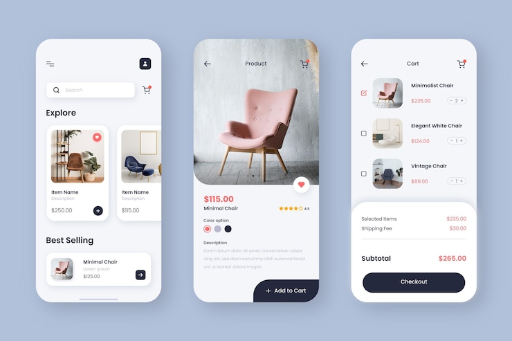 Vector gratuito interfaz de la aplicación de compras de muebles