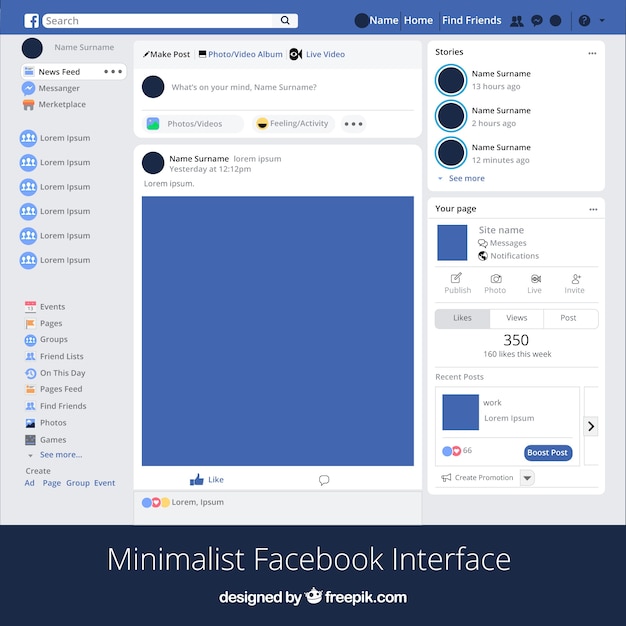 Interfaz de la aplicación de facebook con diseño minimalista