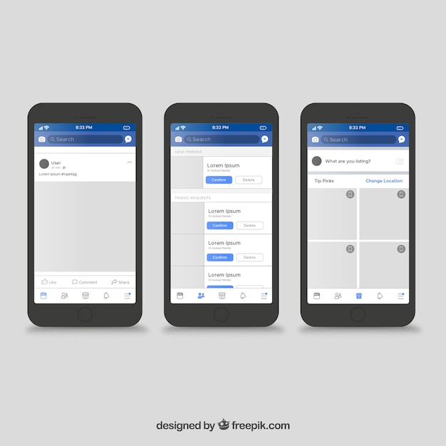 Interfaz de la aplicación de facebook con diseño minimalista