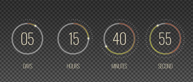 Interfaz cuenta atrás transparente conjunto con símbolos de hora y minutos realistas aislados