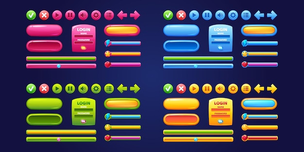 Interfaz de diseño de juegos con botones y paneles brillantes Conjunto de dibujos animados vectoriales de elementos de la interfaz de usuario botones circulares de diferentes colores con iconos barras deslizadores flechas y marco de inicio de sesión