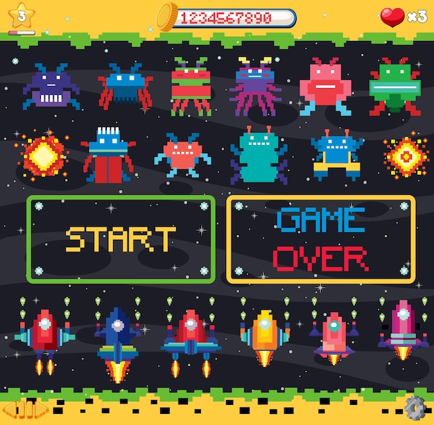 Interfaz de juego espacial de píxeles retro
