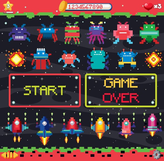 Interfaz de juego espacial de píxeles retro