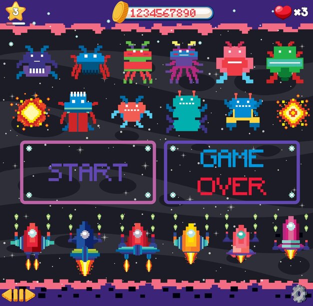 Interfaz de juego de espacio de píxeles retro
