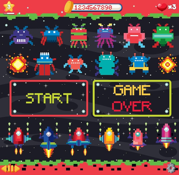Interfaz de juego de espacio de píxeles retro