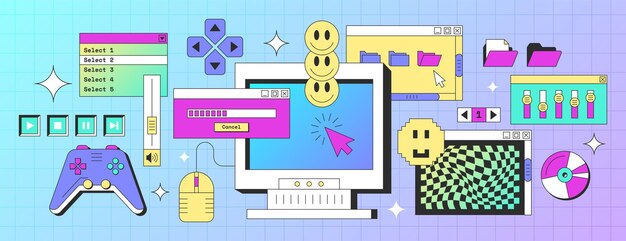 Interfaz de pantalla de computadora retro con botones de carpeta de ventanas caras sonrientes felices marcos de mensajes de navegador