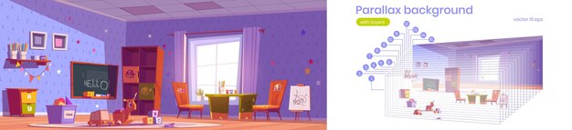 Interior 2d de la sala de juegos de los niños del fondo de la paralaje. Sala de guardería con juguetes montessori, muebles, estantes y equipo para juegos y estudio, capas separadas, para animación de juegos, ilustración vectorial