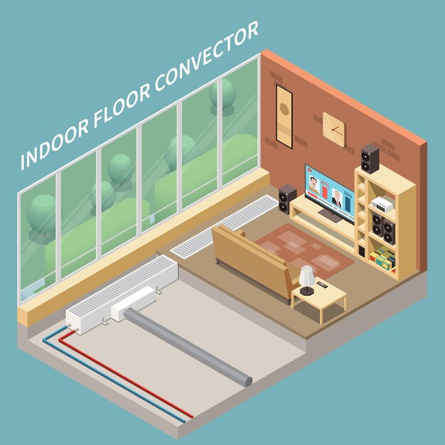 Interior acogedor de la sala de estar con sistema de calefacción por suelo radiante instalado contras interiores Ilustración isométrica 3d