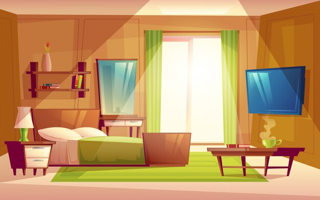 Interior de la acogedora habitación moderna, sala de estar con cama doble, TV, aparador