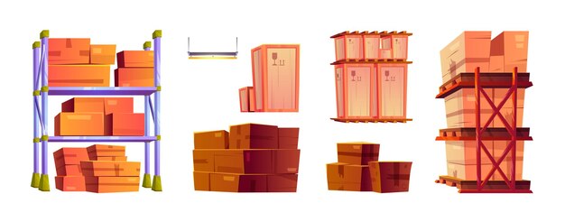 Interior de almacén con paleta y caja vector Industria logística de fábrica para entrega de paquetes Estante de almacén aislado con mercancías en paquete de carga Construcción de hangar ilustrada con paquete de correo