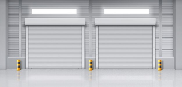 Interior del almacén con puertas cerradas.