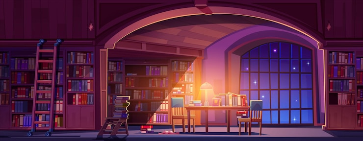 Vector gratuito el interior de la antigua biblioteca por la noche