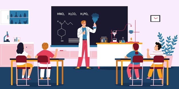 Interior del aula de la lección de la escuela de química con estudiantes interesados que miran al maestro masculino que realiza la ilustración del vector plano del experimento químico