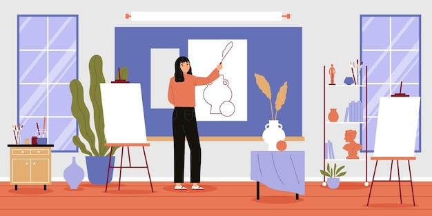 Interior de aula moderna de lección de escuela de arte con profesora dibujando en papel o lienzo a bordo ilustración vectorial plana